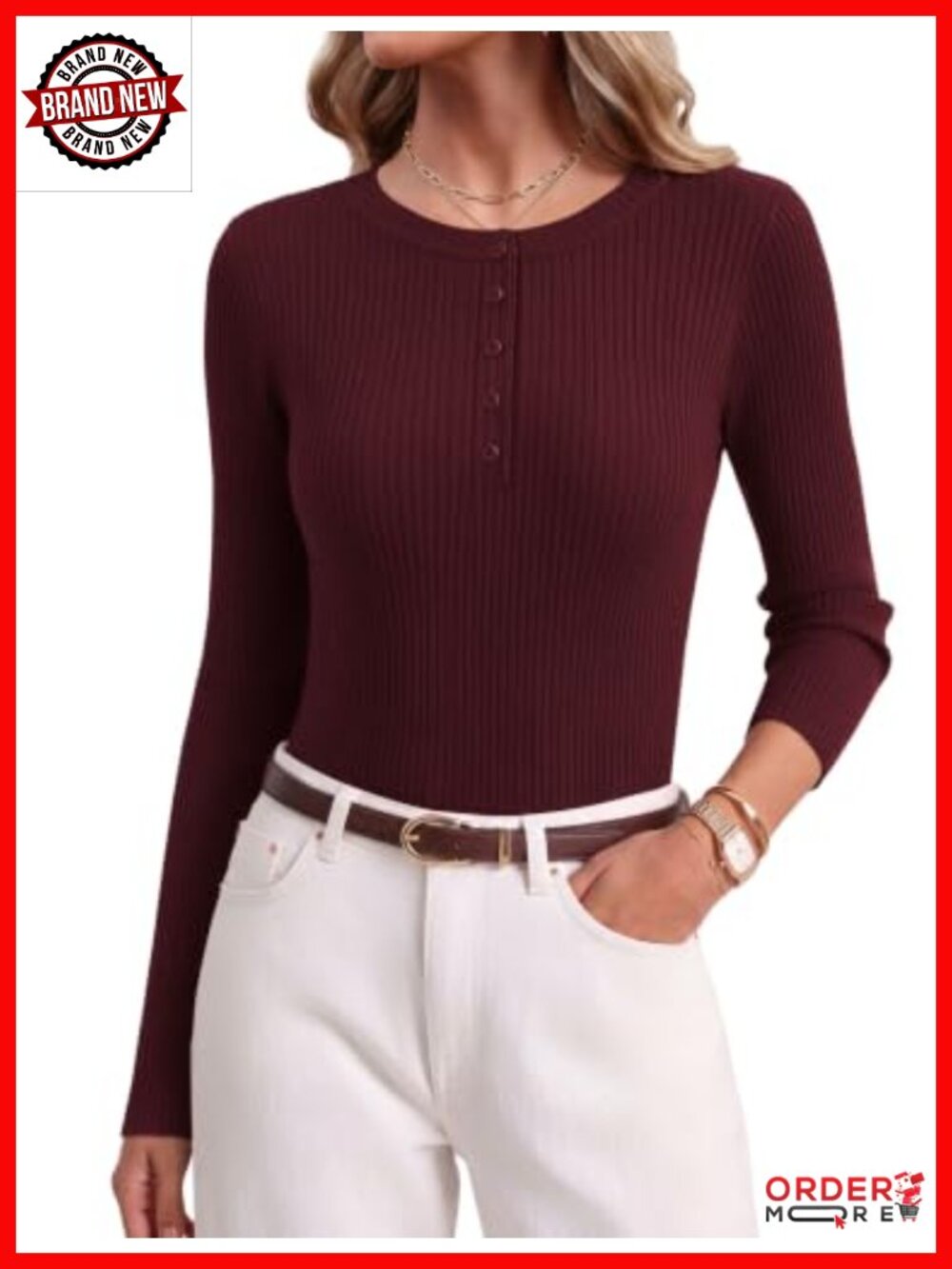 Women's Rib Knit Henley Sweater Long Sleeve Lightweight Slim Fit Pullover